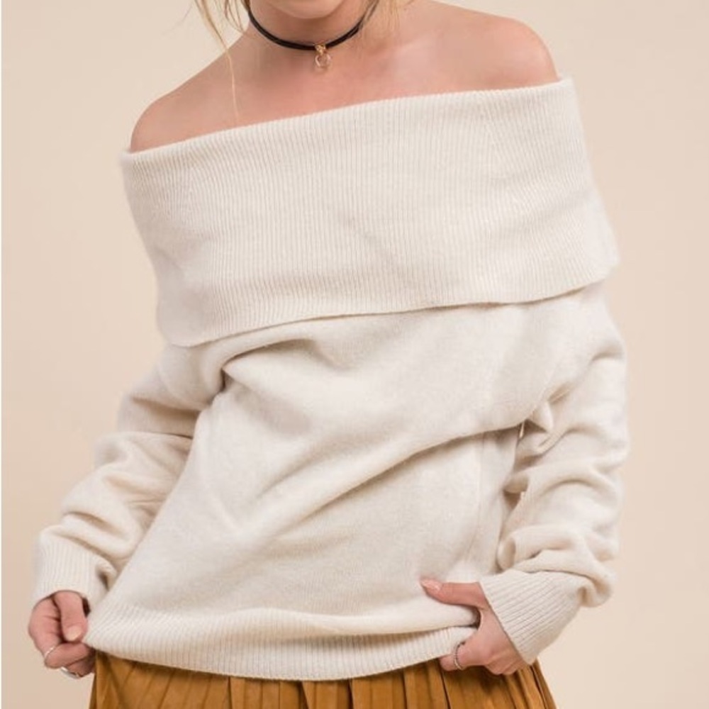 Anthropologie MOON RIVER Off the Shoulder Ivory Wool Knit Popover Sweater EUC XS
